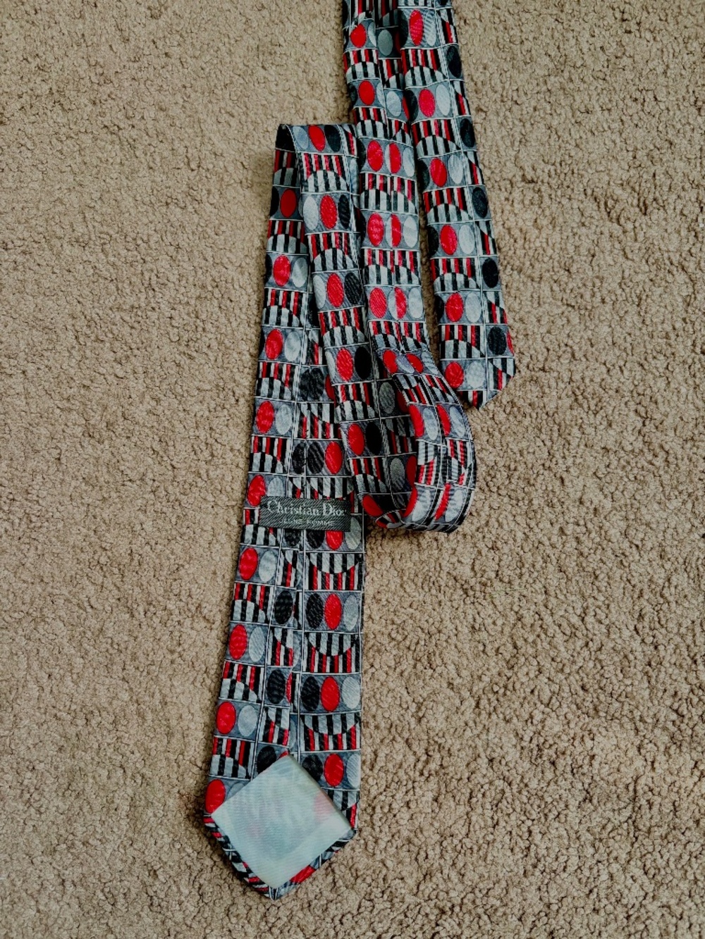 Vintage Christian Dior Tie Jeune Homme 80s Geometric Optical Illusion Gray & Red